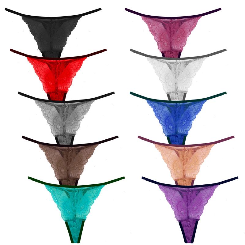 Pack of 10 Women Lacy G-String Thongs No Show Panties Sexy Underwear Assorted Lace Pattern and Random Colors