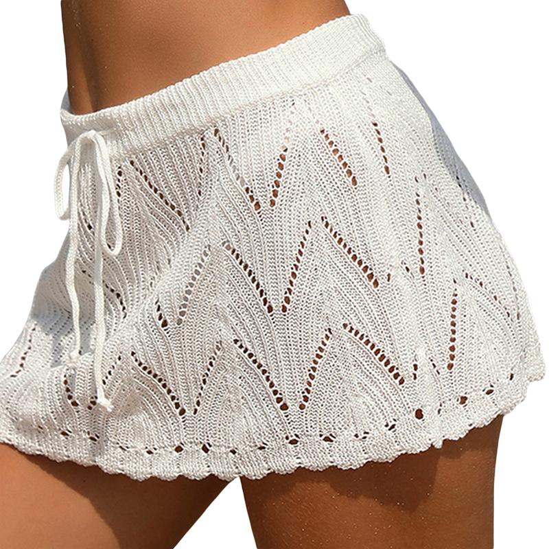 Women Crochet Cover Up Skirt Summer Drawstring High Waist Beach Coverups Knitted Mini Skirt