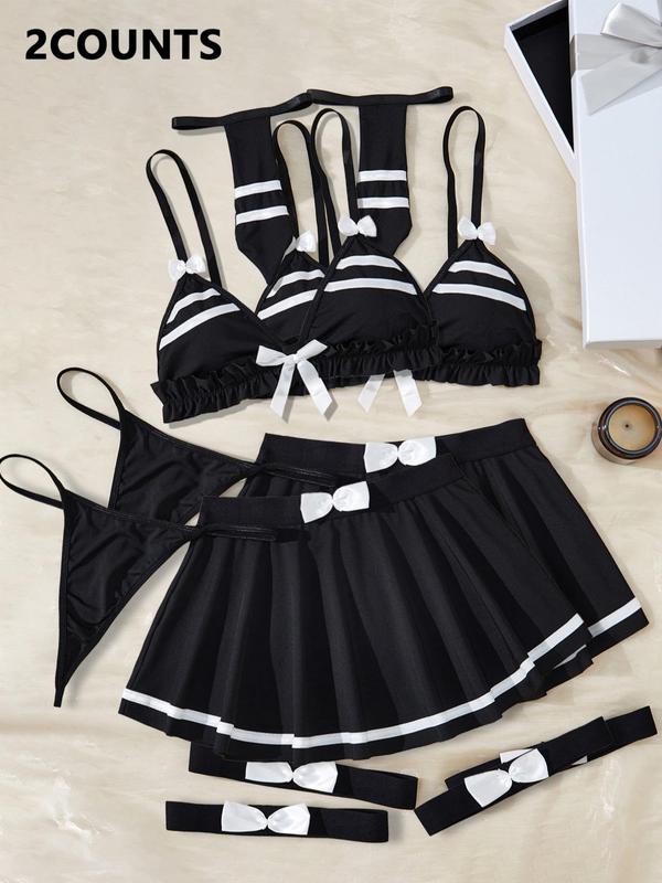 Women's Striped Print Bowknot Decor Ruffle Trim Lingerie Set, Adjustable Strap Bra & Skirt & Thong & Garter Belt & Tie, Women's Lingerie & Underwear for All Seasons