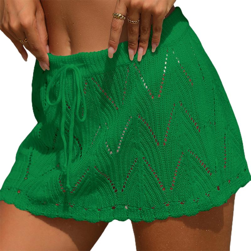 Women Crochet Cover Up Skirt Summer Drawstring High Waist Beach Coverups Knitted Mini Skirt