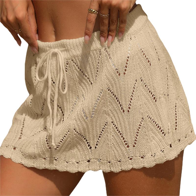 Women Crochet Cover Up Skirt Summer Drawstring High Waist Beach Coverups Knitted Mini Skirt