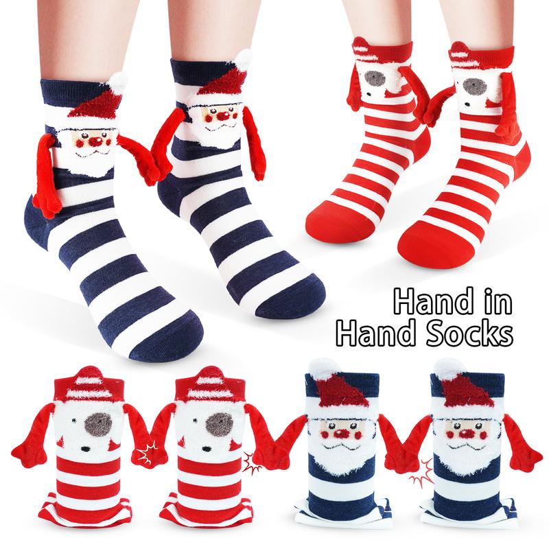 [Black Friday]Cyber Monday Christmas Gifts for Women 2 Pairs Funny Christmas Holding Hands Socks, Magnetic,Comfort,Stripe Cute Winter Socks for New Year Xmas Gift,Funny Gifts for Couples, Anniversary, Best Friends, Engagements, Teens,Womenswear