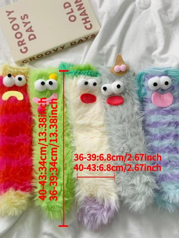 Women's 5 Pairs Funny Cartoon Design Fuzzy Socks, Cute Comfy Crew Socks for Daily Wear, Cozy Warm Women's Socks for Winter, Comfort Womenswear, Cold Weather Gear, Fall Wear, Fallfreshness