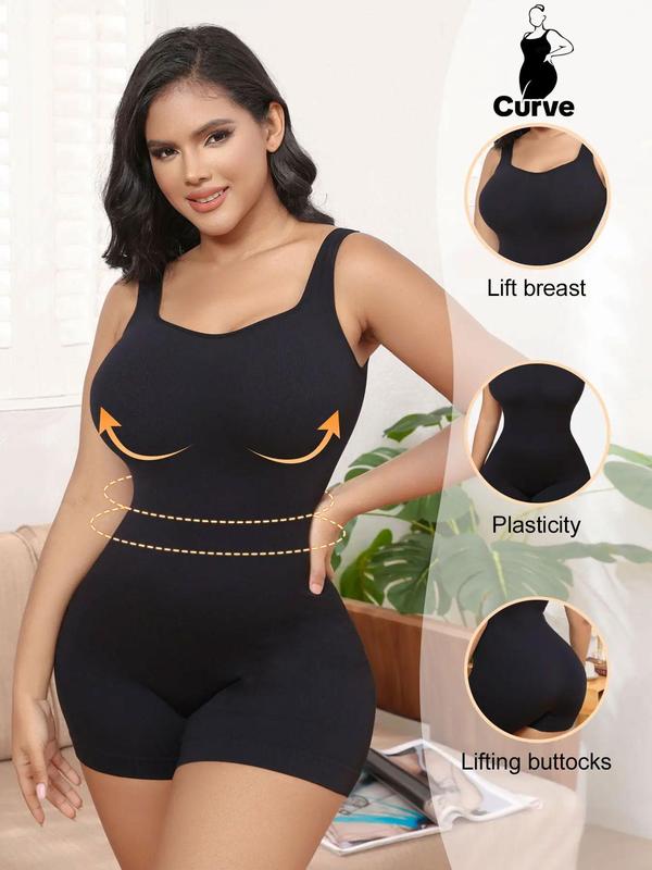 Plus Size Minimalist Solid Scoop Neck Compression Shapewear Bodysuit, Lady Sexy Tight-fitting Seamless Tummy Control Shaper, Comfort Summer Clothes Women, Ladies Shapewear for Daily Wear, Womenswear