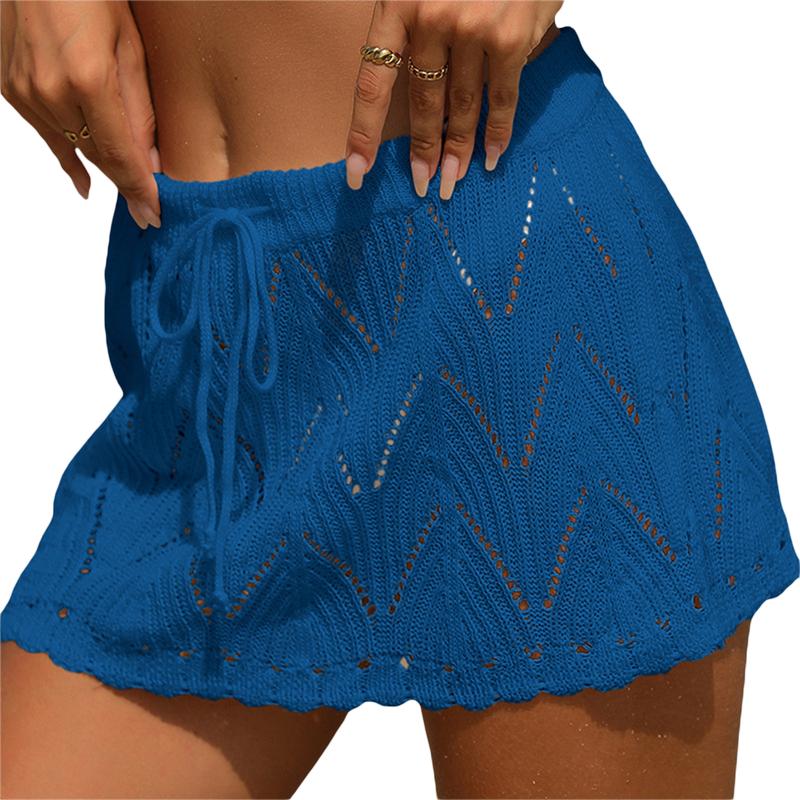 Women Crochet Cover Up Skirt Summer Drawstring High Waist Beach Coverups Knitted Mini Skirt