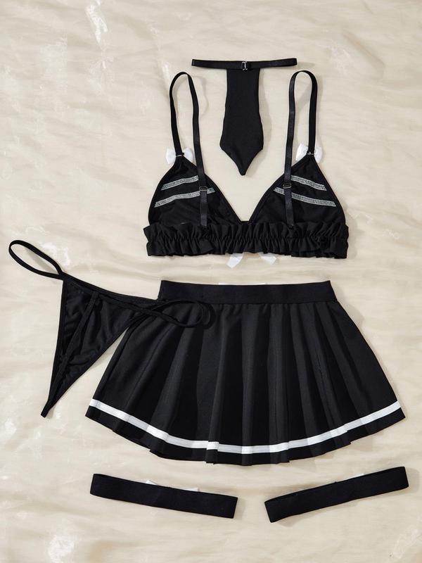 Women's Striped Print Bowknot Decor Ruffle Trim Lingerie Set, Adjustable Strap Bra & Skirt & Thong & Garter Belt & Tie, Women's Lingerie & Underwear for All Seasons