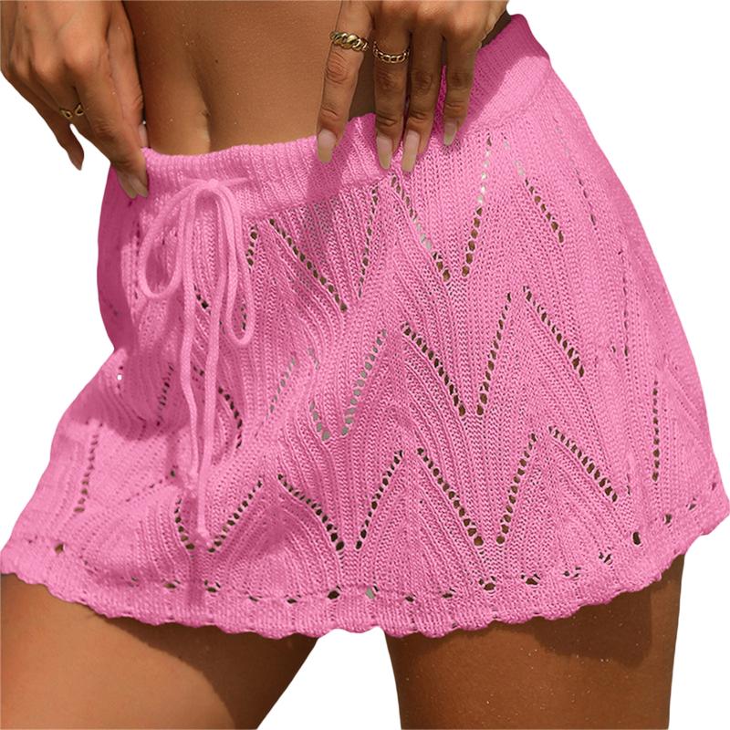 Women Crochet Cover Up Skirt Summer Drawstring High Waist Beach Coverups Knitted Mini Skirt