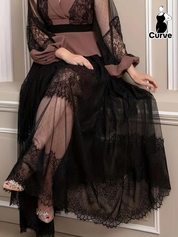 Plus Size Contrast Lace Sheer Tulle A Line Skirt, Elegant Fashion High Waist Long Skirt for Party Dating Outdoor Wear, Girls Skirt, Women Plus Clothing for Spring & Fall