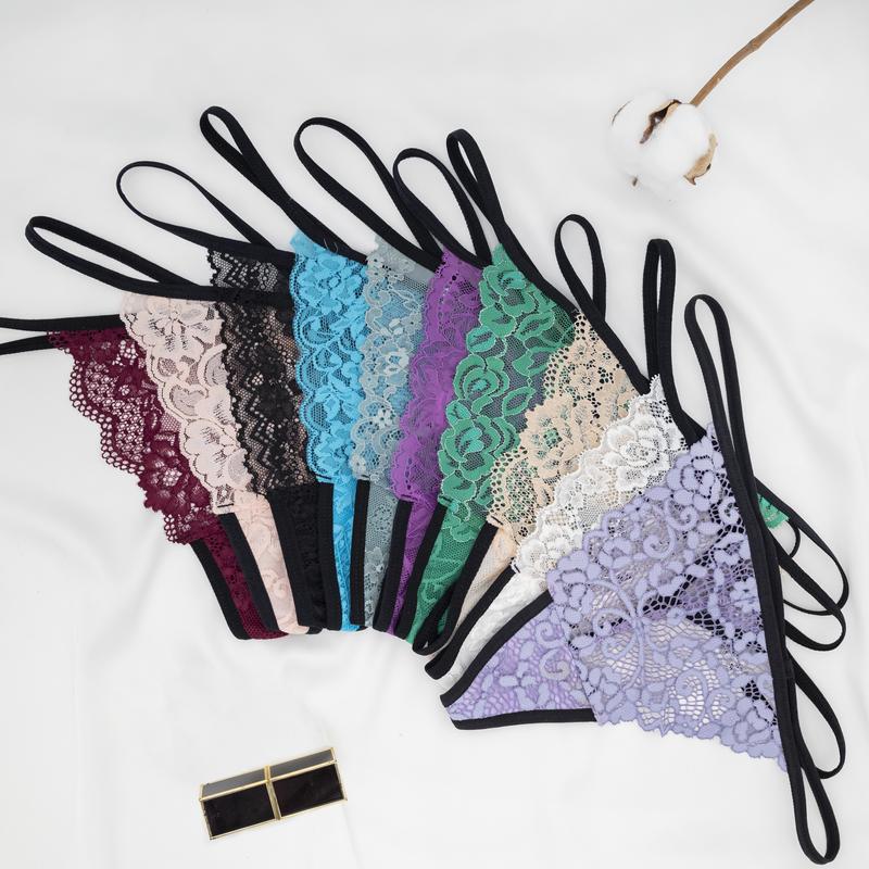 Pack of 10 Women Lacy G-String Thongs No Show Panties Sexy Underwear Assorted Lace Pattern and Random Colors