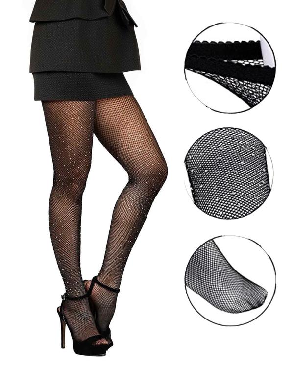 Women's 3 Pairs Glitter Fishnet Tights with Rhinestone Decor, 3 Pair Set Summer 2024 Sparkle Fishnet Pantyhose Stockings for Party Club, Women's Lingerie & Underwear