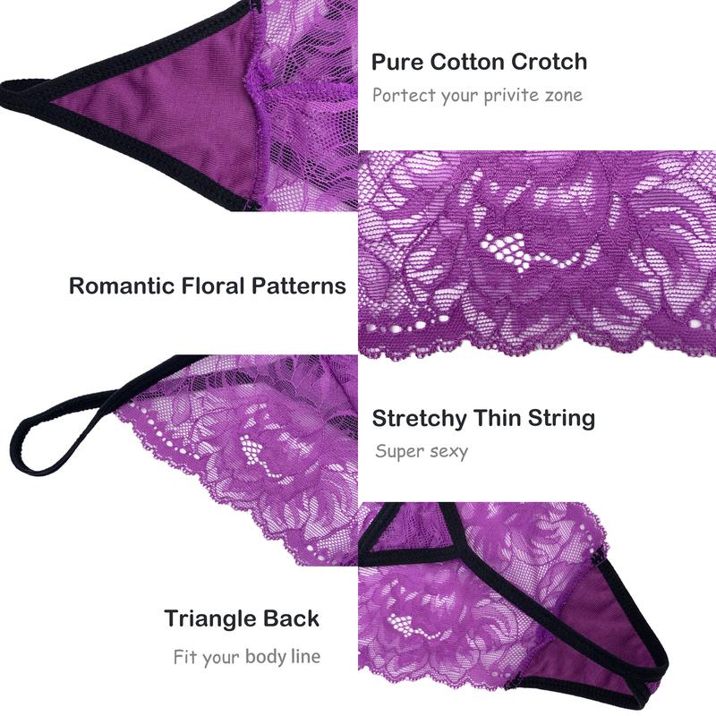 Pack of 10 Women Lacy G-String Thongs No Show Panties Sexy Underwear Assorted Lace Pattern and Random Colors