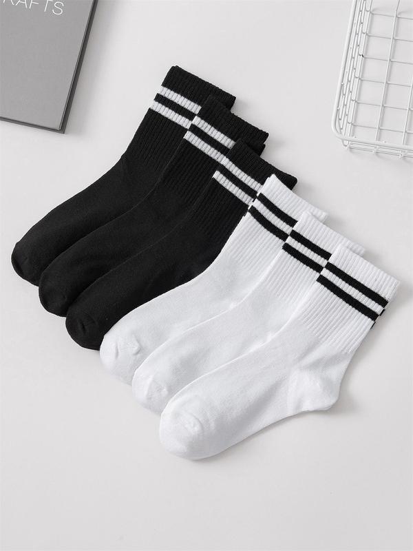 Women's 6 Pairs Striped Print Crew Socks, Soft Comfy Breathable Mid Calf Socks For Gym Outdoor Daily, Women's Socks & Hosiery, Cozy Fall Wear, Summer Wear 2024, Back To School Clothes, Versatile Street Style Womenswear