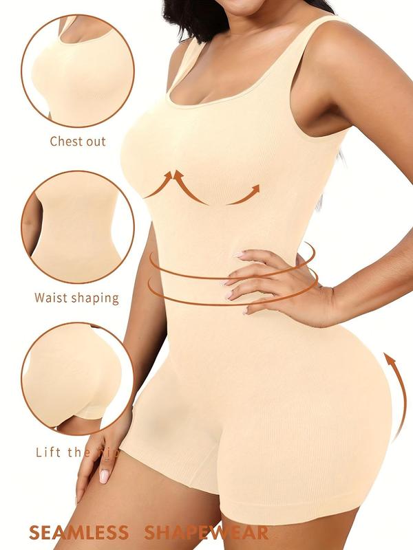 Plus Size Minimalist Solid Scoop Neck Compression Shapewear Bodysuit, Lady Sexy Tight-fitting Seamless Tummy Control Shaper, Comfort Summer Clothes Women, Ladies Shapewear for Daily Wear, Womenswear