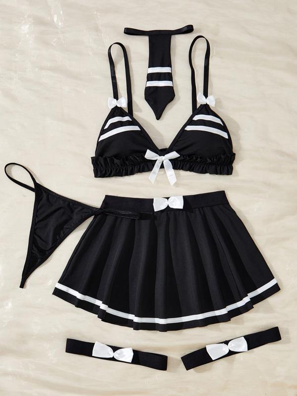 Women's Striped Print Bowknot Decor Ruffle Trim Lingerie Set, Adjustable Strap Bra & Skirt & Thong & Garter Belt & Tie, Women's Lingerie & Underwear for All Seasons