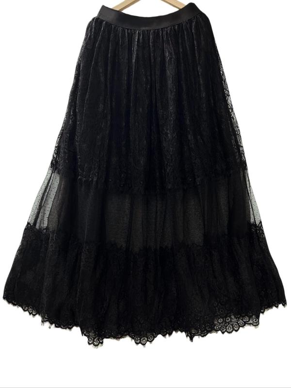 Plus Size Contrast Lace Sheer Tulle A Line Skirt, Elegant Fashion High Waist Long Skirt for Party Dating Outdoor Wear, Girls Skirt, Women Plus Clothing for Spring & Fall