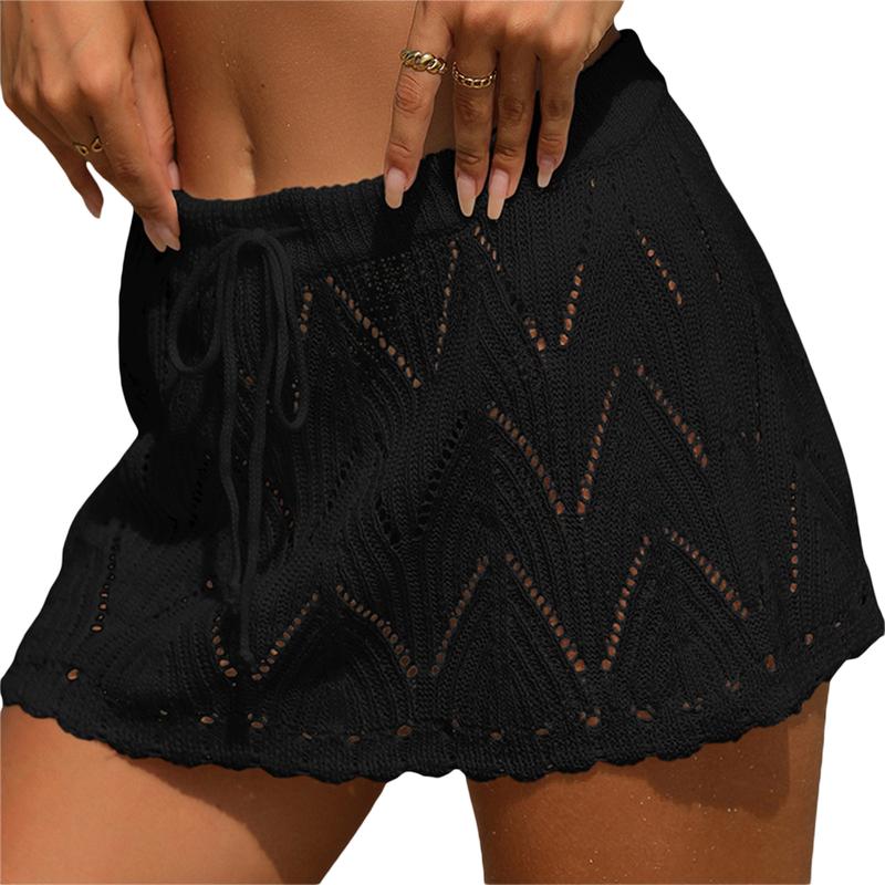 Women Crochet Cover Up Skirt Summer Drawstring High Waist Beach Coverups Knitted Mini Skirt