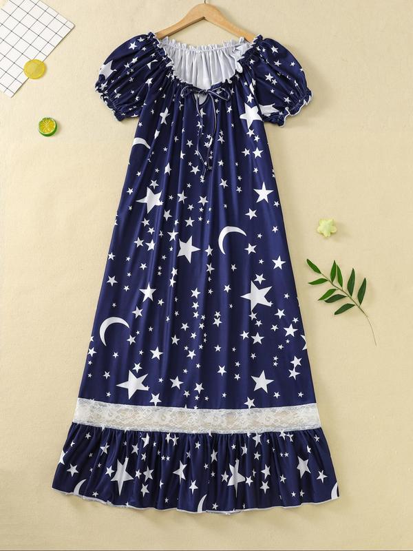 Women's All Over Galaxy Print Contrast Lace Ruffle Hem Nightdress, Casual Soft Comfortable Tie Front Puff Sleeve Nightgown for All Seasons, Ladies Sleepwear for Daily Wear