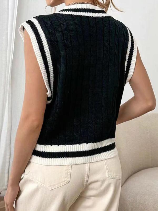 Women's Letter Print Contrast Binding Sweater Vest Without Shirt, Preppy Style V Neck Sleeveless Knitwear For Spring & Fall, Fashion Cozy Women's Knit Clothing For Daily Wear