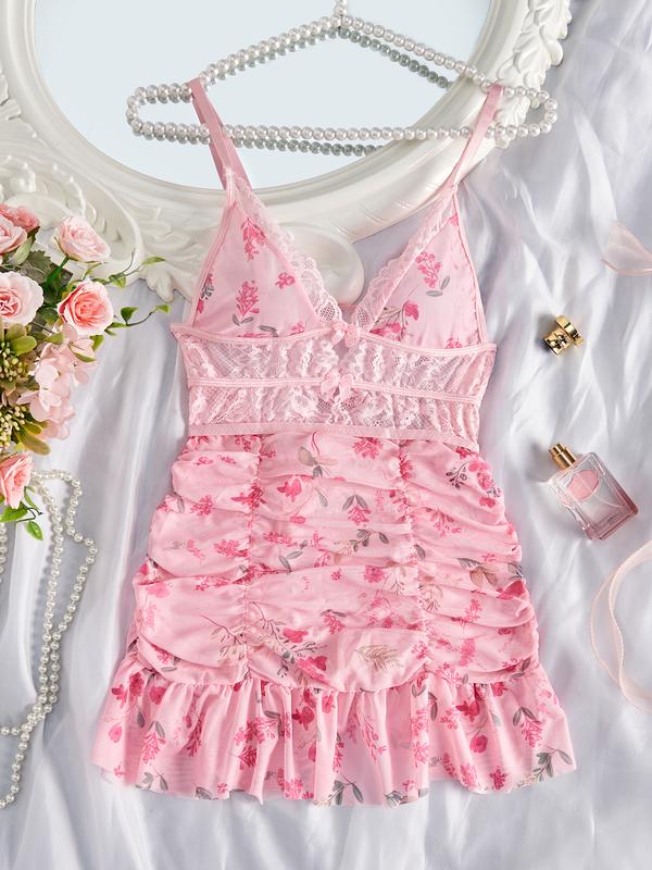 Women's lace Lingerie dress Floral Print doll peplum sexy backless nightdress