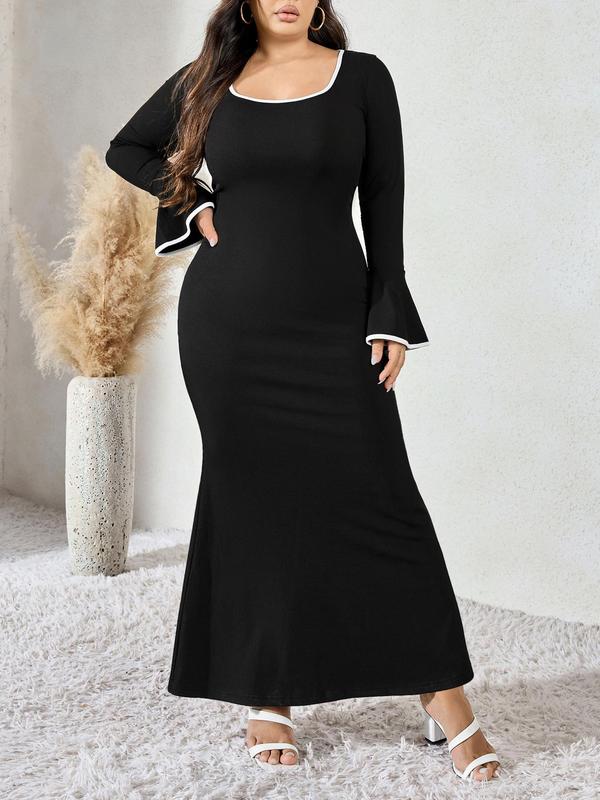 CURVZY Plus Size Contrast Binding Flounce Sleeve Dress, Elegant Scoop Neck Long Sleeve Dress for Party Holiday Wedding Guest, Women's Clothes for Spring & Fall