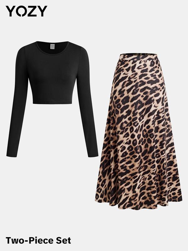 YOZY Christmas Deals, [size 8-18] Crop Top & Leopard Print Skirt Set, Casual Round Neck Long Sleeve Top & High Waist Skirt, 2024 Women's Daily Wear for Spring & Fall, Christmas 2024 Trend, Fall & Winter Outfits