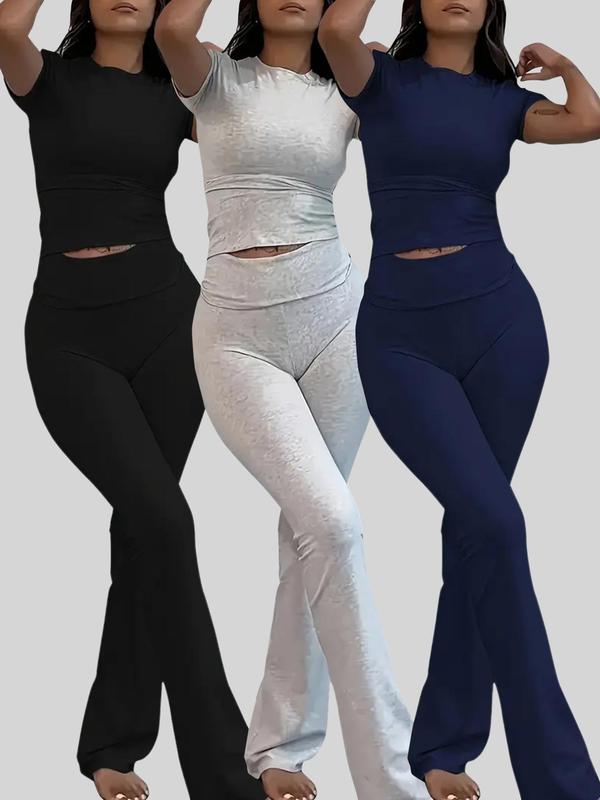 Women's Solid Loungewear Set, Casual Short Sleeve Crop Top & High Waist Flare Leg Pants, Ladies Sleepwear for All Seasons, Back-to-school Clothing, Pajama Set, Summer Sets, Summer Wear 2024, Homewear, Black Girl Wear