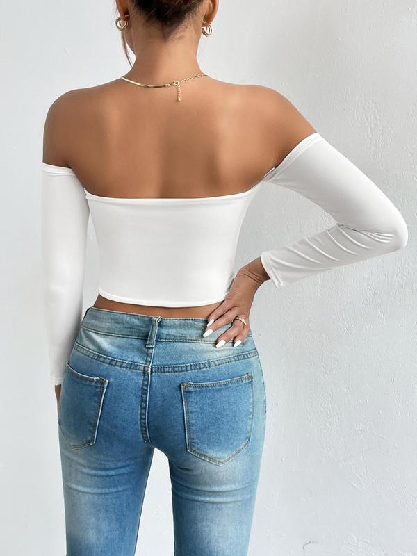 Women's Solid Off Shoulder Long Sleeve Crop Tee, Going Out Tops, Summer Clothes, Casual Tight Top for Spring & Fall, Clubbing Outfits, Lady Clothes for Daily Wear Downtown Girl Clothes