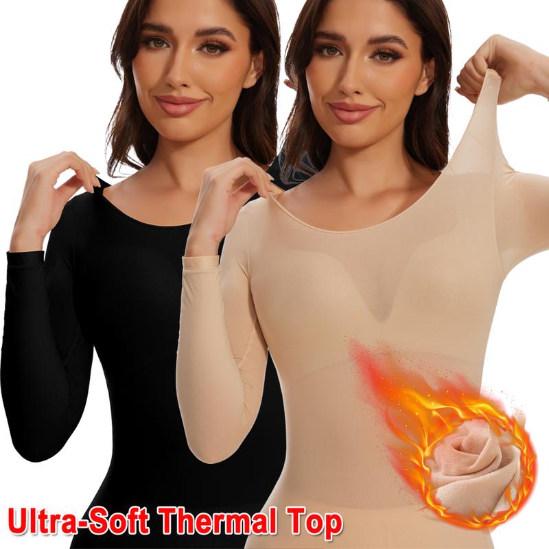 Women Ultra-Soft Seamless Thermal Long Sleeve Crew Neck Tops for Fall Winter Loungewear & Underwear, Women's Sleepwear Base Layer Stretchy