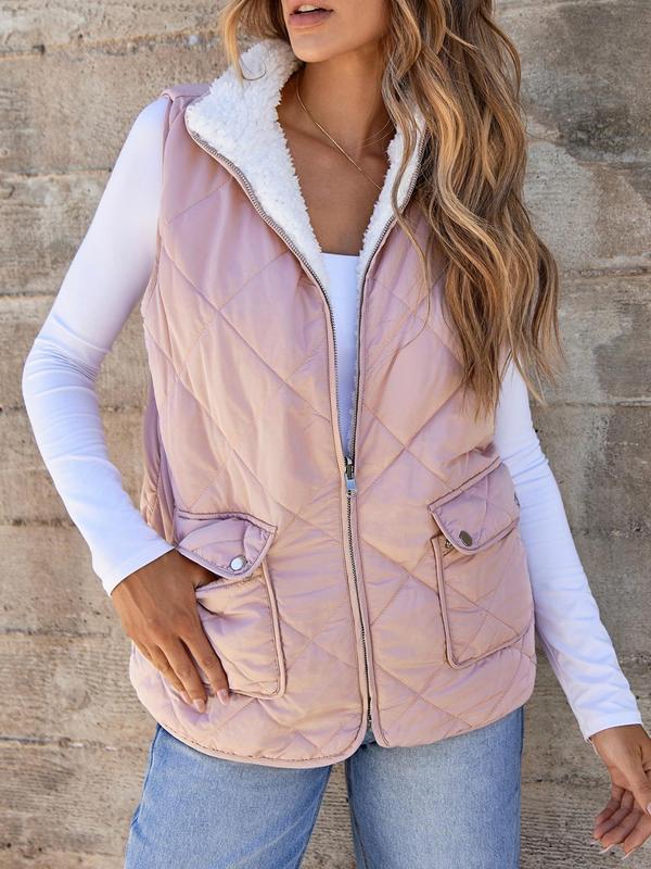 Women's Solid Color Pocket Zip Up Stand Collar Quilted Vest Jacket, Casual Fashion Button Design Sleeveless Thermal Lined Outerwear for Fall & Winter, Women's Clothes for Daily Wear