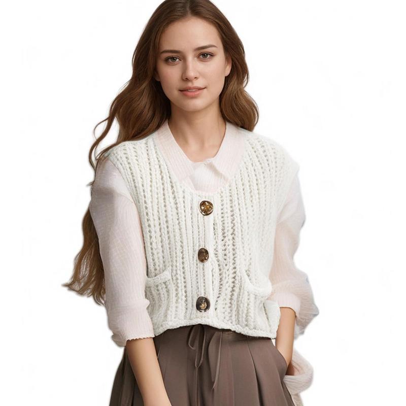 SCUSTY Womens Crochet Chunky Knit Top with Pockets Sleeveless Button Down Crop Tops Trendy Cardigan Sweater Vest for Women