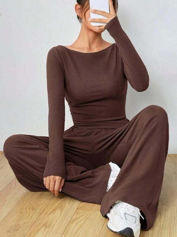 Women's Solid Ruched Long Sleeve Top & Pocket Wide Leg Pants Two-piece Set, Casual Top & Trousers 2 Piece Set for Spring & Fall, Women's Clothes for Daily Wear