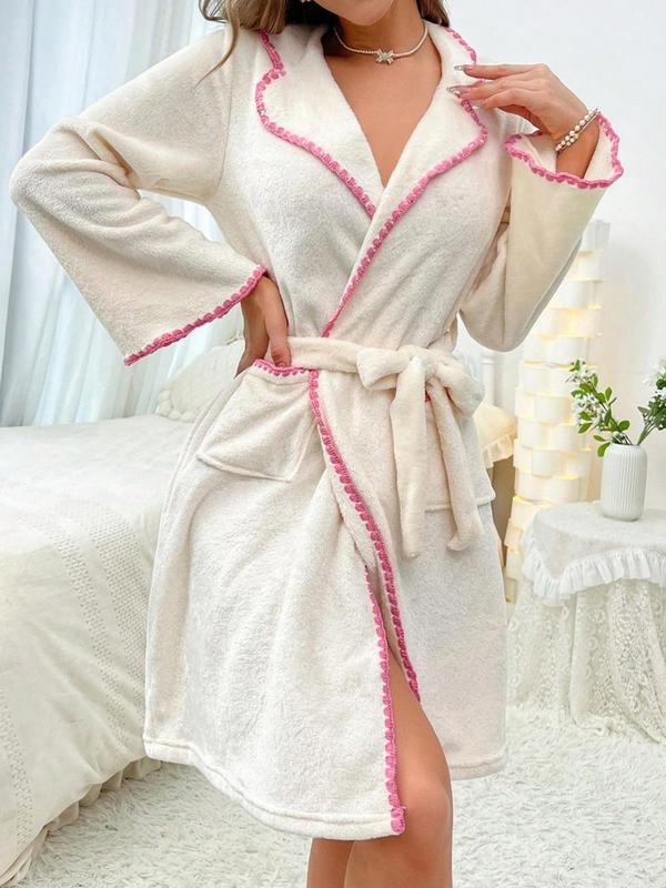 Women's Colorblock Belted Pocket Lapel Bathrobe, Casual Long Sleeve Dressing Gown, Ladies Sleepwear for Fall & Winter