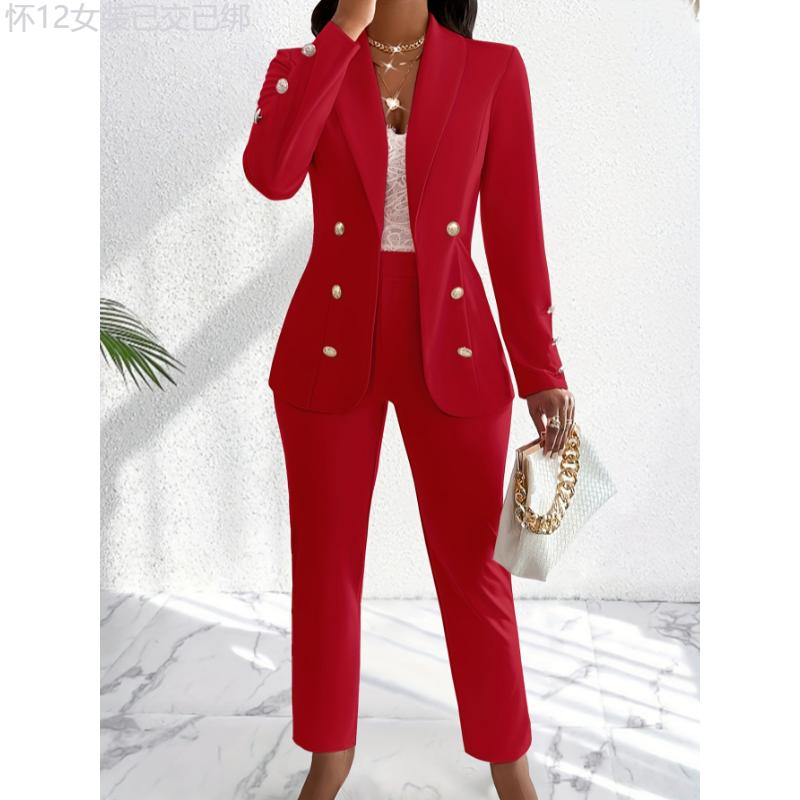 Elegant Solid Color Pants Set, Double Breasted Shawl Collar Slim Blazer & High Waist Straight Leg Pants For Office & Work, Women's Clothing Fabric Fit