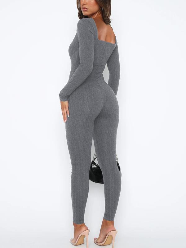 Women's Solid Ribbed Square Neck Sports Jumpsuits , Casual Sporty Comfy Breathable Long Sleeve Jumpsuits  for Yoga Gym Workout, Ladies Sportswear for All Seasons