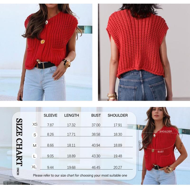 SCUSTY Womens Crochet Chunky Knit Top with Pockets Sleeveless Button Down Crop Tops Trendy Cardigan Sweater Vest for Women