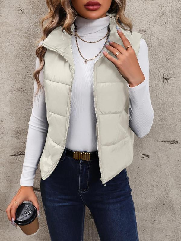 Women's Solid Zip Up Puffer Vest Coat, Casual Pocket Thermal Outerwear for Fall & Winter, Sleeveless Warm Jacket, Going Out Top, Women's Clothing for Daily Wear