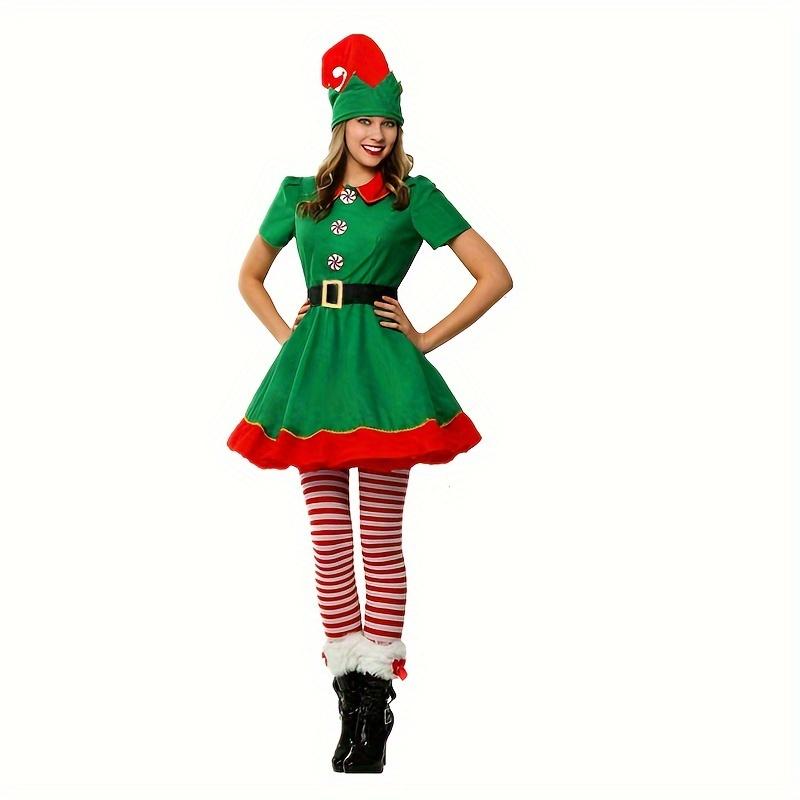 A Set of 4 Pieces Including Women's Christmas Elf Costume-Polyester Elf Dress, Hat, Belt, Striped Long Socks, Suitable for Holiday Parties and Halloween-Universal Adult Novelty Costume, No Feather, No Electricity