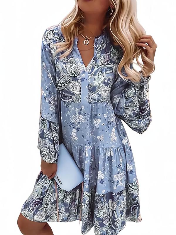 Floral & Paisley Print Notched Neck Ruffle Hem Dresses for Women, Boho Flounce Sleeve Short Dress for Spring & Fall, Women's Clothing, Ladies Clothes for Daily Wear, Dresses for Women, Wedding Guest Dress