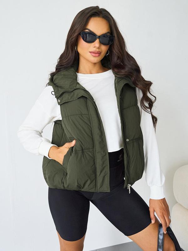 Women's Solid Button Front Zip Up Hooded Vest Coat, Casual Pocket Sleeveless Outerwear for Fall & Winter, Ladies Clothes for Daily Wear