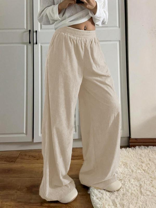 Women's Solid Pocket Wide Leg Corduroy Pants, Casual Comfy Trousers for Daily Wear, Ladies Bottoms for Fall & Winter