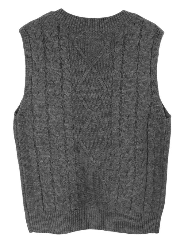 Women's Solid V Neck Cable Knit Vest Sweater, Casual Sleeveless Jumper Vest for Fall & Winter, Fashion Ladies' Knitwear for Daily Wear