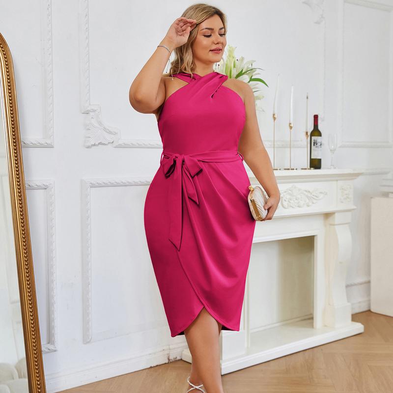 Hanna Nikole Plus Size Dresses for Curvy Women Halterneck Sleeveless Wrap Front Ruched Bodycon Dress Party Dress