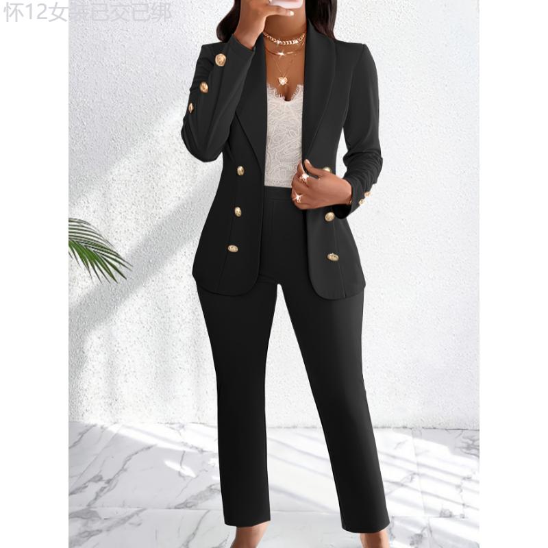 Elegant Solid Color Pants Set, Double Breasted Shawl Collar Slim Blazer & High Waist Straight Leg Pants For Office & Work, Women's Clothing Fabric Fit