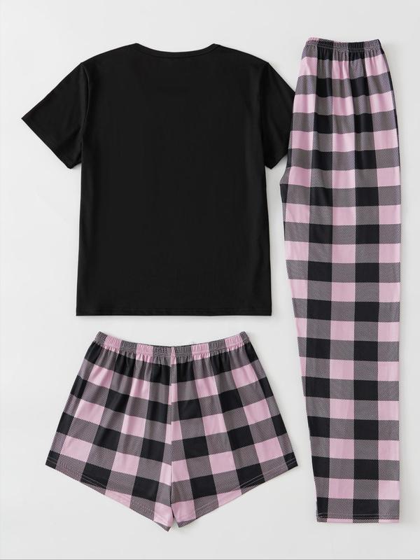 Women's Plaid Print Tee & Bow Front Shorts & Elastic Waist Pants Pyjama Set, Summer Clothes Women, Casual Lounge Set for Daily Wear, PJ Sets for Women, Summer Wear 2024, Homewear & Loungewear for Women