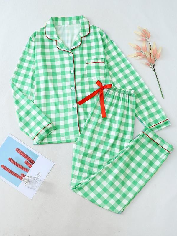 Two-Piece Set Women's Christmas Print Button Front Lapel Shirt & Pants Pyjama, Casual Comfy Long Sleeve Collared Pocket Top & Trousers PJ Set, Women's Sleepwear for Fall