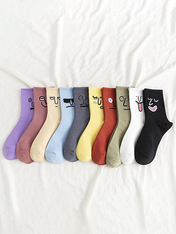 Women's Cartoon Face Print Mid-calf Socks, Casual Moisture Wicking Crew Socks, Soft Comfy Breathable Socks for All Seasons Daily Wear