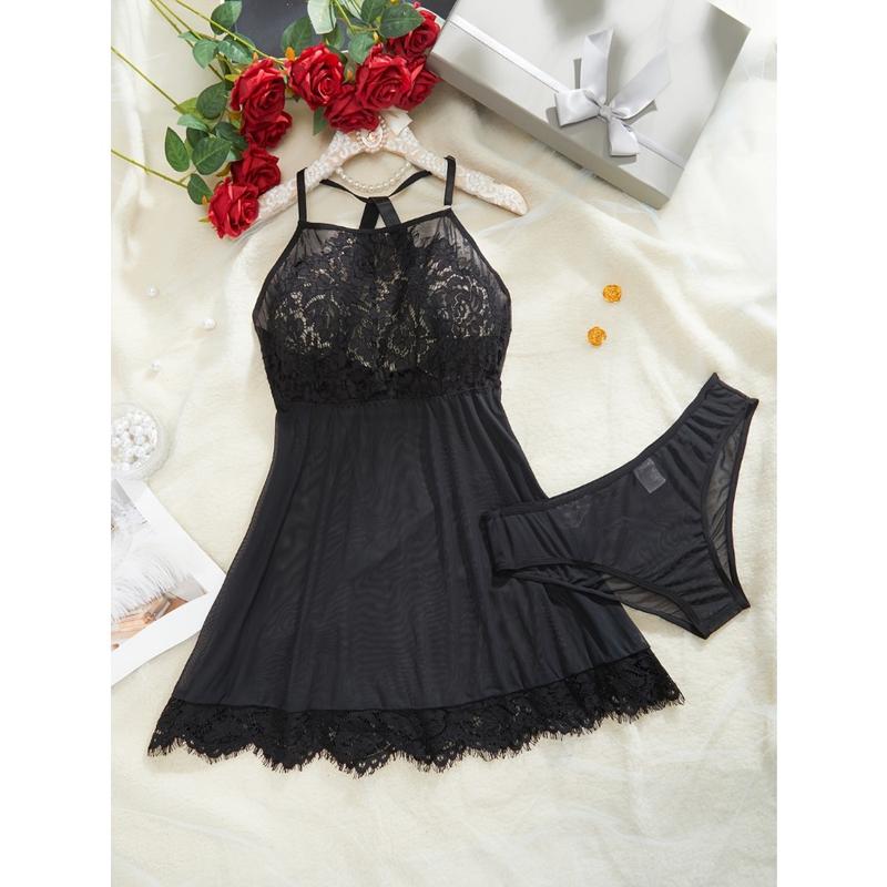 Plus Size Sexy Lingerie Dress Set, Women's Hot Floral Lace Scalloped Trim Halter Mesh Dress With Panty Lingerie 2 Piece Set