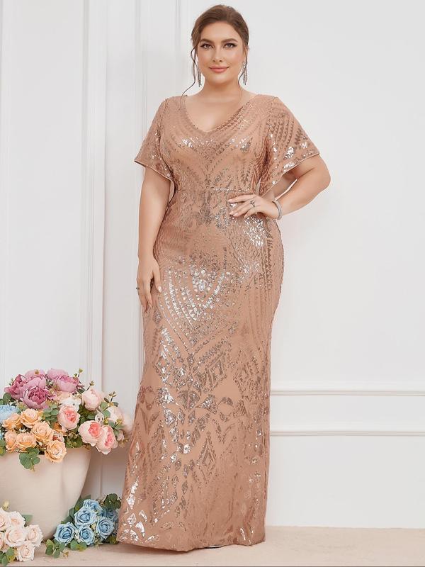 Plus Size Glittering Sequin Random Pattern V Neck Flounce Sleeve Evening Dress, Summer Clothes Women, Elegant Short Sleeve Long Dress for Evening Party Banquet, Women's Clothes for Summer