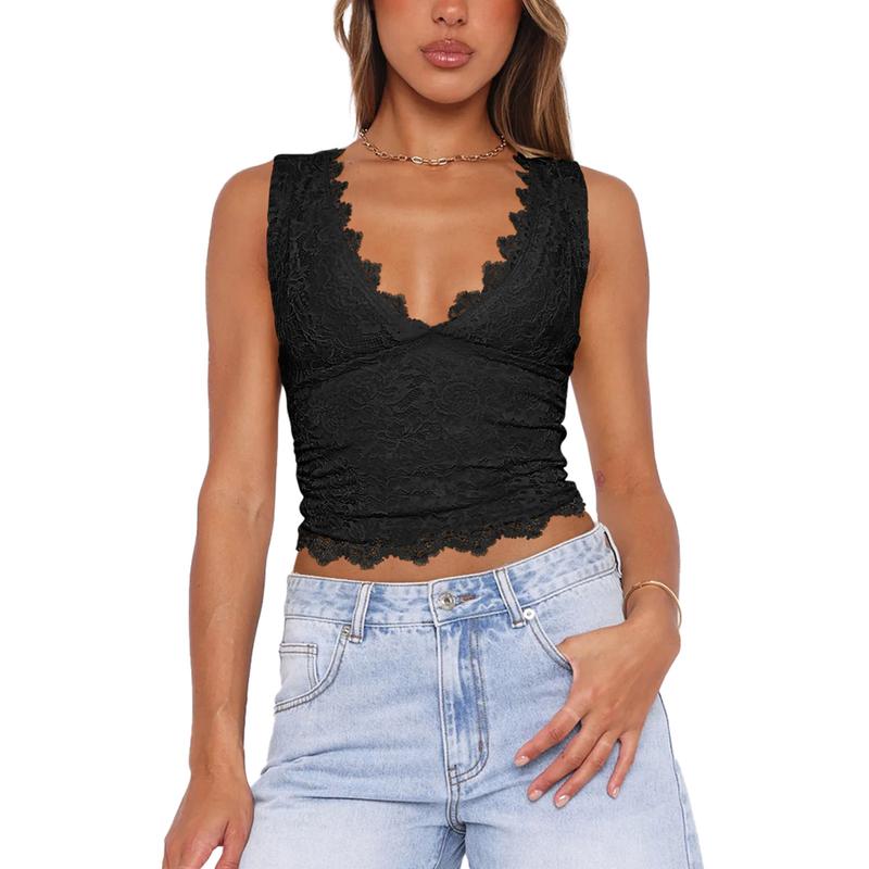 REORIA Womens Sexy V-Neck Sleeveless Double Lined Going Out Y2K Trendy Lace Cropped Tank Tops Womenswear Tube