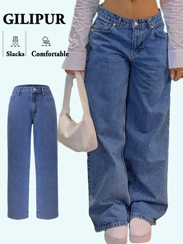 Women's Plain Button Fly Drop Waist Wide Leg Jeans, Y2K Retro Pocket Denim Trousers for Daily Wear, Ladies Bottoms for Fall & Winter